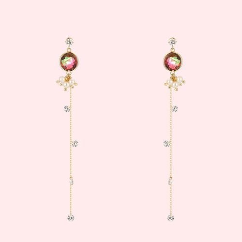 Long artificial tourmaline, natural pearl, tassel, earring, no pain, no hole, adjustable ear clip - dianjiang-