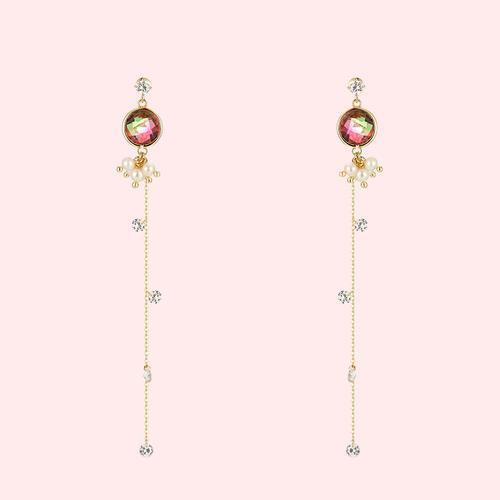 长款人造碧玺宝石天然珍珠流苏耳钉耳环无痛无耳洞可调节耳夹 - dianjiang-