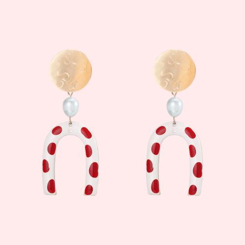 Modern retro harbor style! Hong Kong taste wave point U-shaped red glaze earrings earrings without ear holes - dianjiang-