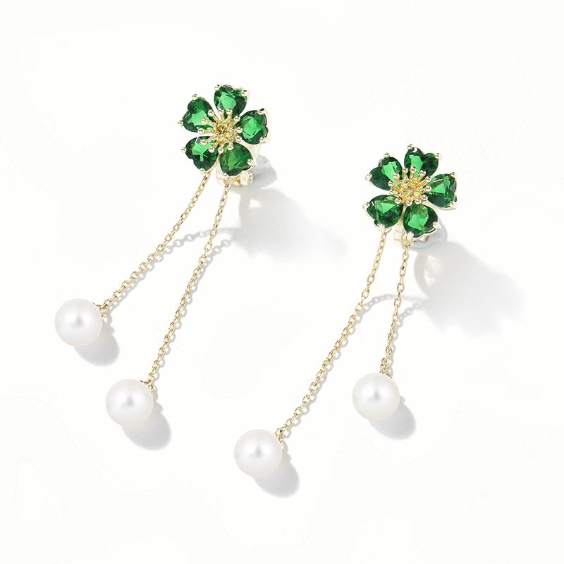 Spring and summer new fresh green tassel flower pearl earrings ear clip earless female crystal Japanese - dianjiang-