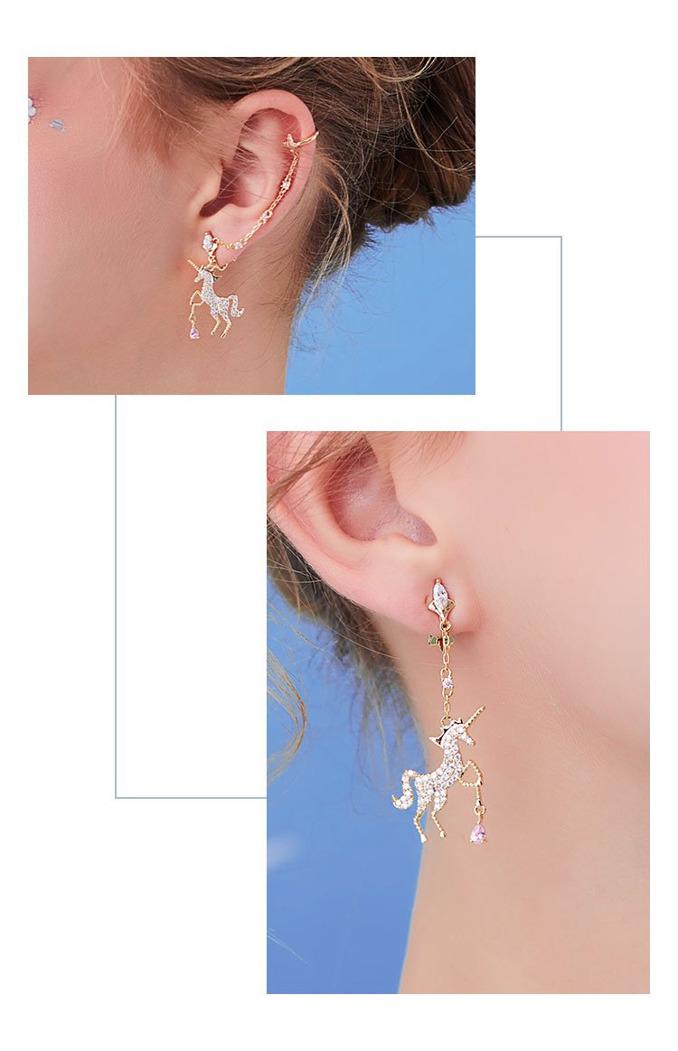 Adorable pink pink girl's heart asymmetrical metal full of diamond unicorn ear pendant earrings no ear socket clip - dianjiang-