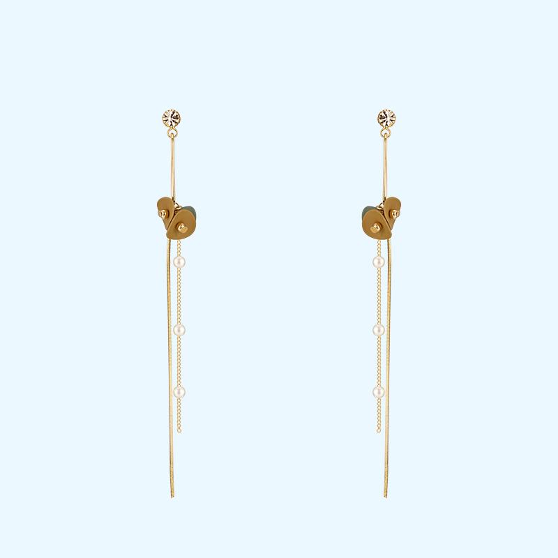 Morandi yellow-green sanded small leaves metal tassel long ear nails earless ear clip girl - dianjiang-