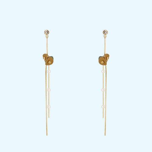 Morandi yellow-green sanded small leaves metal tassel long ear nails earless ear clip girl - dianjiang-