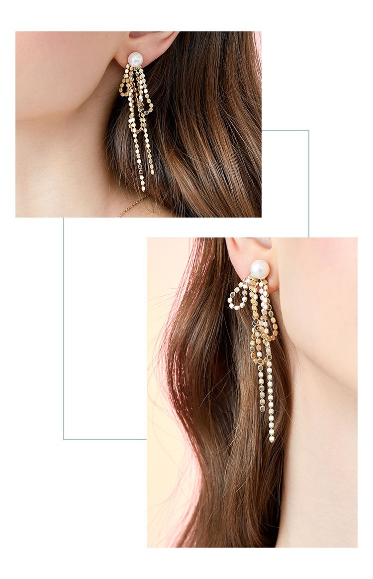 Design sense: round face, thin metal fringe, bow knot, pearl like long earring, ear clip, no ear hole, female Japan - dianjiang-