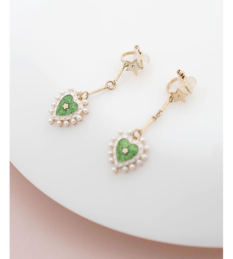 Vintage court wind big brand design green drop glazed love pearl ear nails painless earless ear clip female Lolita - dianjiang-