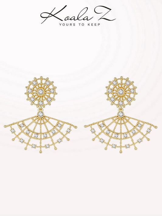 Exquisite hand-made European retro inlaid diamond hollow palace fan fan shaped earrings earrings ear clip earless female Korean temperament - dianjiang-