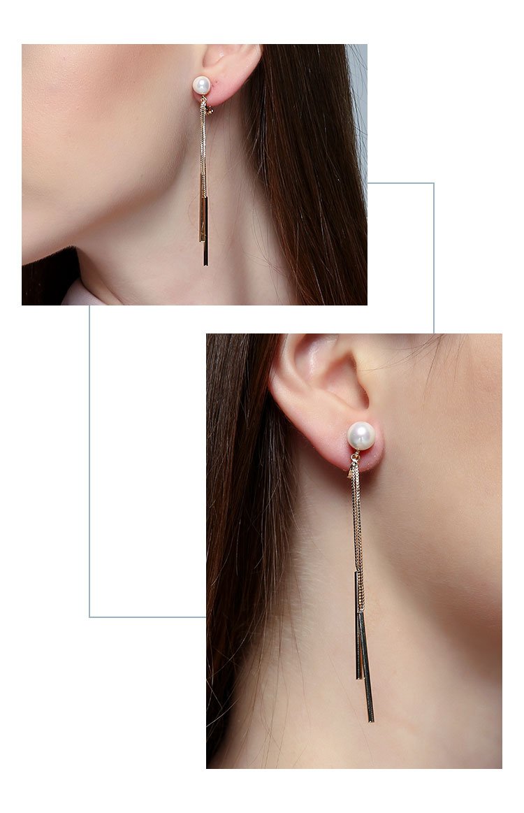 South Korea extremely simple Joker long round bead metal tassel OL temperament earrings earclip without ear hole female personality geometry - dianjiang-