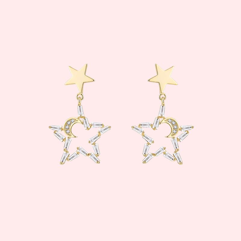 Japanese temperament little fairy five-pointed star moon crystal star moon earring earring without earhole painless earring everyday Joker - dianjiang-