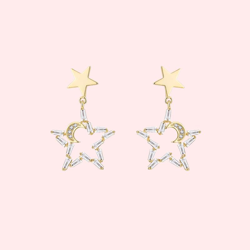 Japanese temperament little fairy five-pointed star moon crystal star moon earring earring without earhole painless earring everyday Joker - dianjiang-