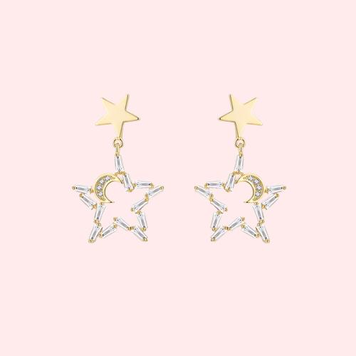 Japanese temperament little fairy five-pointed star moon crystal star moon earring earring without earhole painless earring everyday Joker - dianjiang-