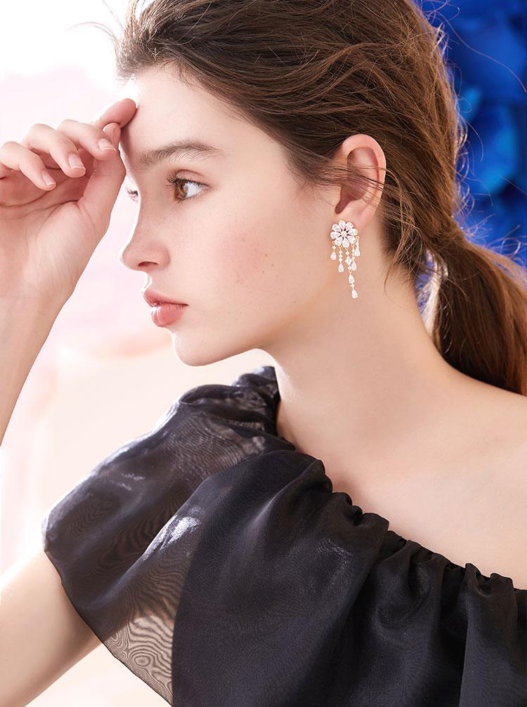 Heavy Industry Hand for 5A Zirconium Smart waterfall flower crystal tassel earrings painless earless clip girl - dianjiang-