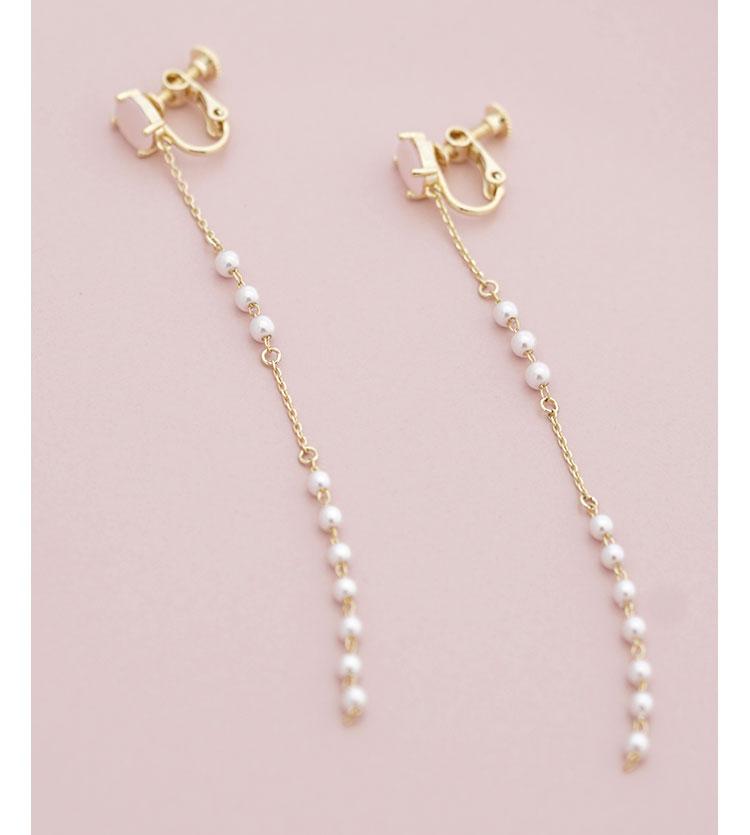 Gentle protein powder Long pink crystal pearl tassel earrings no ear hole female super fairy - dianjiang-