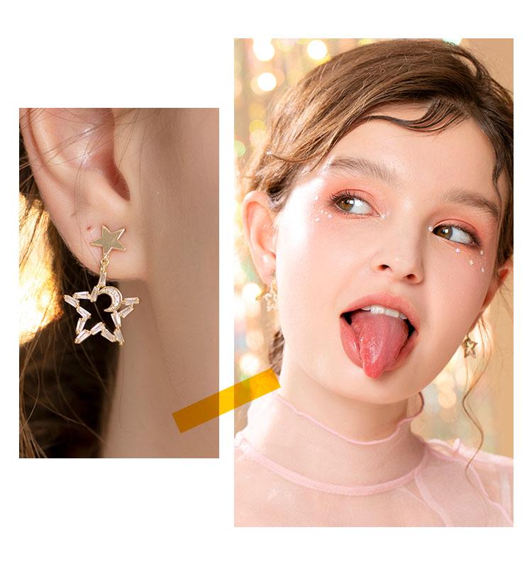 Japanese temperament little fairy five-pointed star moon crystal star moon earring earring without earhole painless earring everyday Joker - dianjiang-