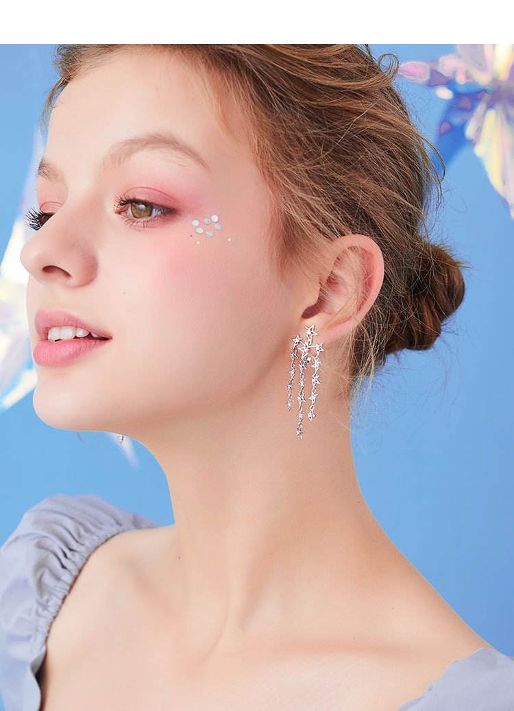 Medium-length round face thin silver stitching missing angle pentagon star flow su ear nail no ear hole ear clip female painless - dianjiang-