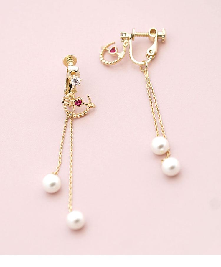 Cupid's Arrow Chic red love pearl long tassel earrings ear clip no ear hole girl - dianjiang-