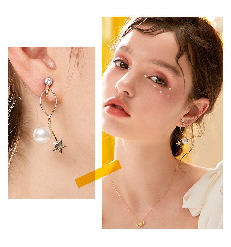 Simple design, wire wound, metal star, pearl ear stud, no ear hole, ear clip, women's pain free, everyday versatile - dianjiang-