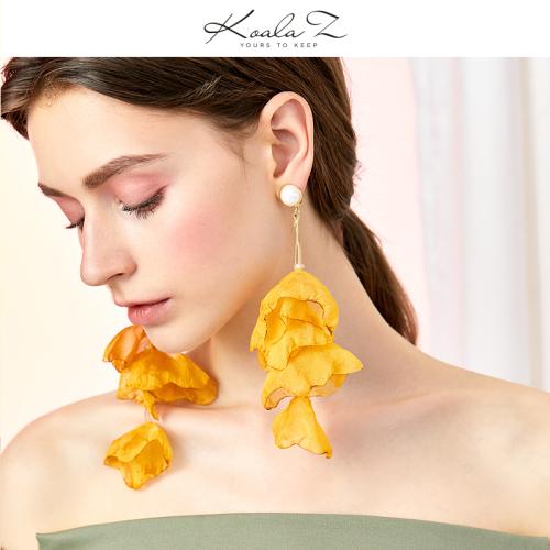 进口韩国飘逸面料 夏日清爽雪纺布艺花朵长款流苏耳环耳夹无耳洞 - dianjiang-