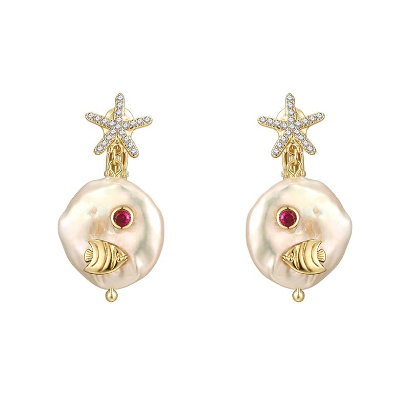 Baroque natural pearl zircon starfish cute little fish earring earring earring female painless everyday Joker - dianjiang-