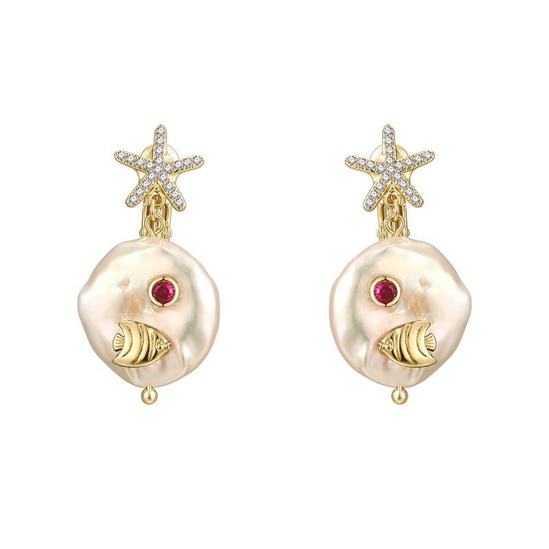 Baroque natural pearl zircon starfish cute little fish earring earring earring female painless everyday Joker - dianjiang-