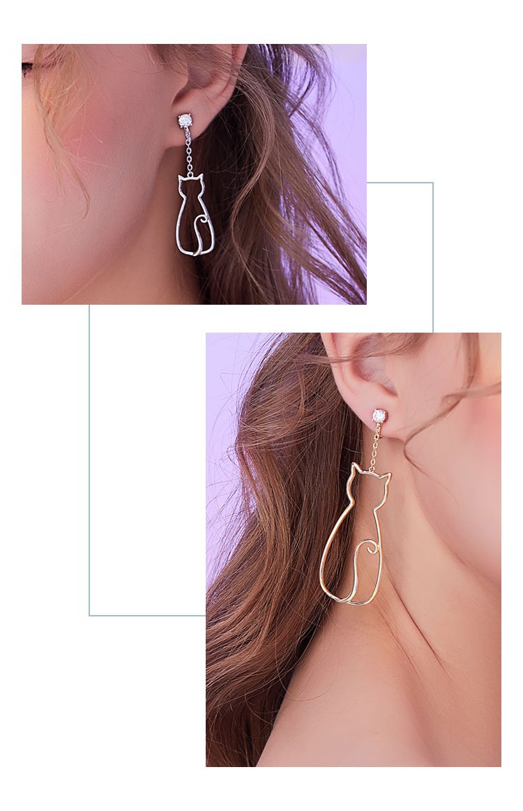 Original designer's minimalist little fresh and lovely metal openwork cat Tassel Earrings without ear holes - dianjiang-