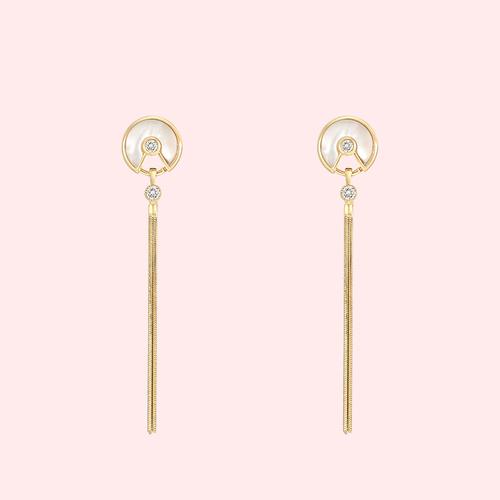 Temperament talisman Exquisite mirror shell zircon long snake bone tassel earrings no ear hole ear clip girl - dianjiang-