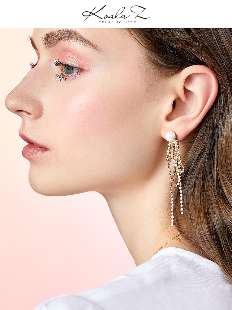 Design sense: round face, thin metal fringe, bow knot, pearl like long earring, ear clip, no ear hole, female Japan - dianjiang-