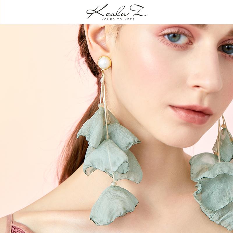 Imported Korea elegant fabric summer fresh chiffon fabric flowers long tassel earrings ear clip without ear holes - dianjiang-