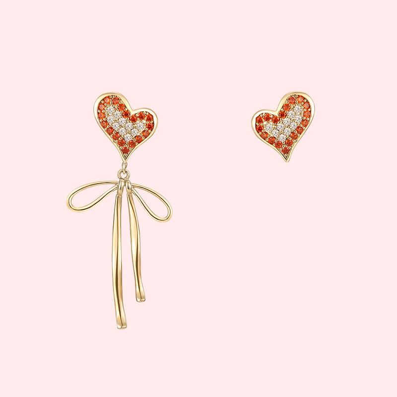 Asymmetric design of warm heart color in winter sweet love bow tie with diamond earrings painless earhole free earclip female - dianjiang-