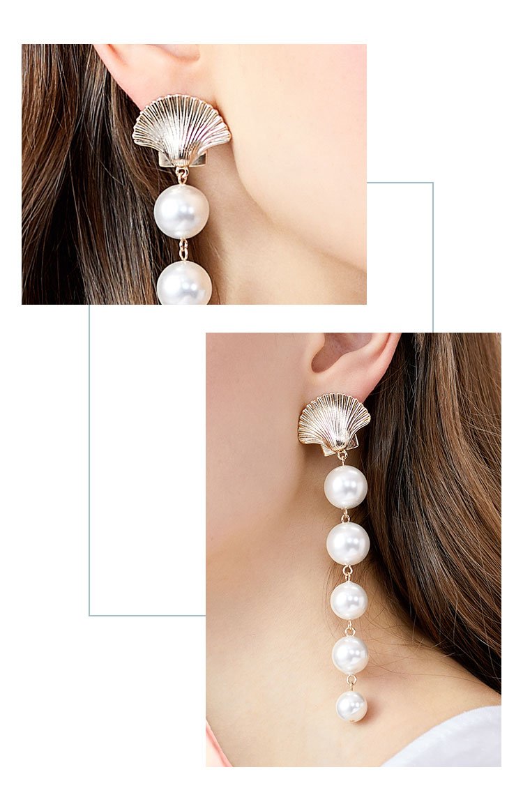 The design of Europe and the United States exaggerated cold wind temperament long mermaid tears metal shell imitation pearl earrings ear clip - dianjiang-