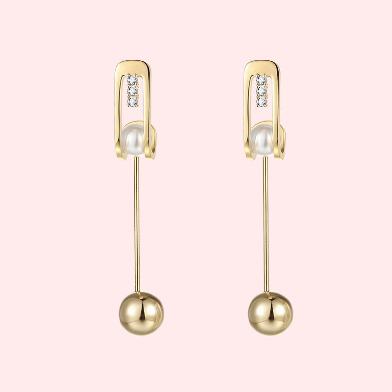 Elegant new movable metal ball pearl long female Korean personality simple earrings ear clip no ear hole female - dianjiang-