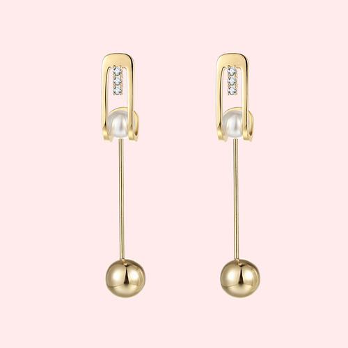 Elegant new movable metal ball pearl long female Korean personality simple earrings ear clip no ear hole female - dianjiang-