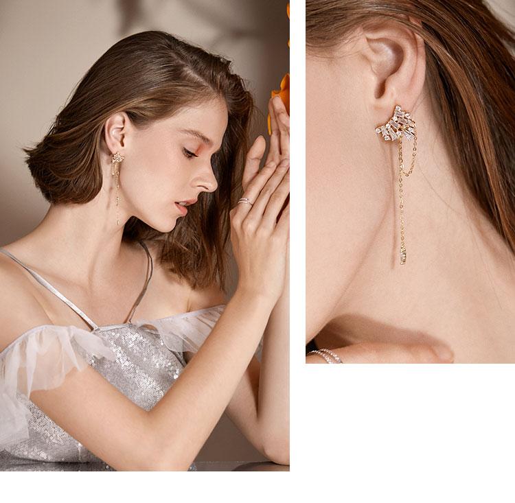 Personalized niche design asymmetric crystal tassel long earrings earrings without ear holes earclip daily versatility - dianjiang-