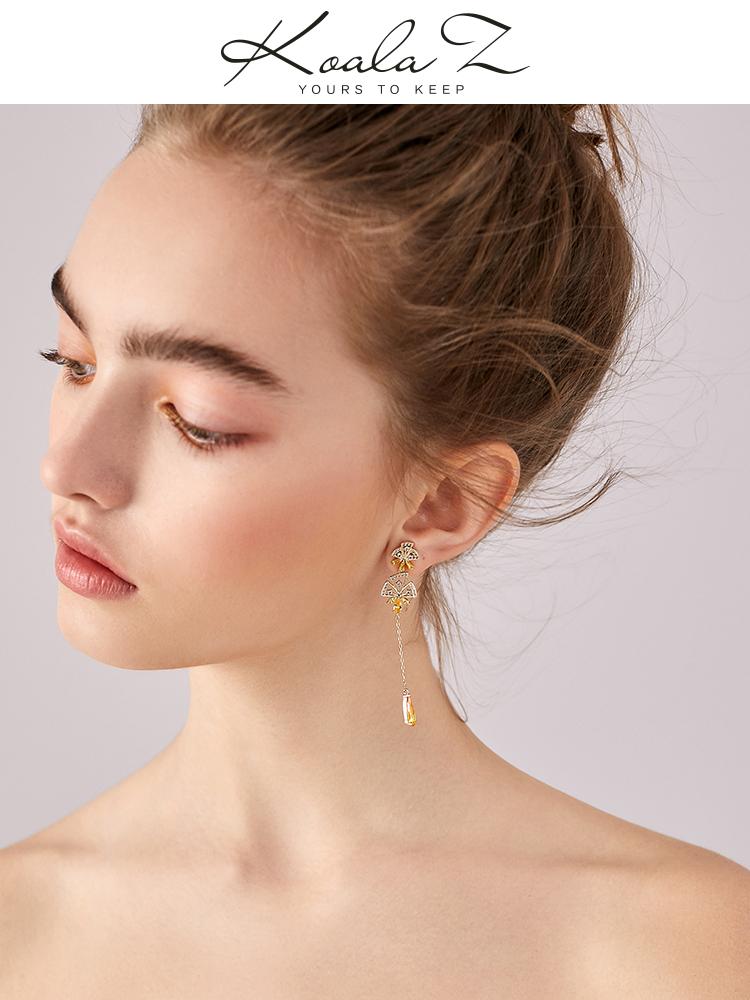 Super-Immortal Heavy Industry hand-made asymmetrical hollowed-out inlaid yellow drill tassel water drop flower earrings ear clip no ear hole girl - dianjiang-