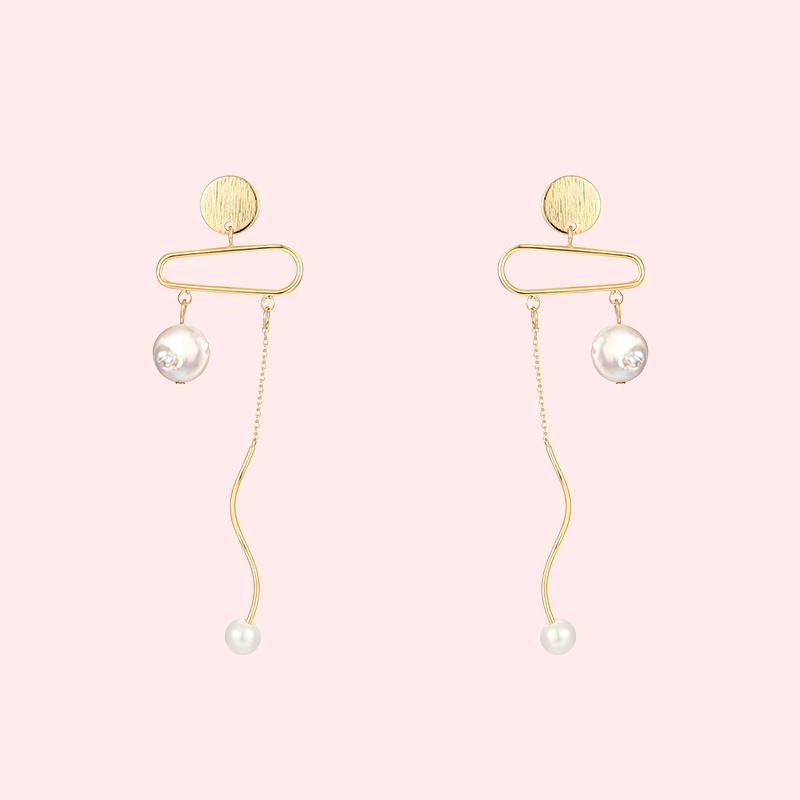 Original design cold wind personality natural baroque pearl metal Tassel Earrings Earrings without earholes - dianjiang-