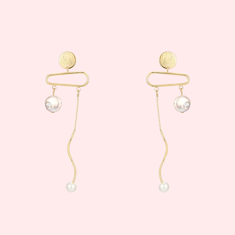 Original design cold wind personality natural baroque pearl metal Tassel Earrings Earrings without earholes - dianjiang-