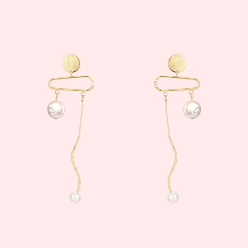 Original design cold wind personality natural baroque pearl metal Tassel Earrings Earrings without earholes - dianjiang-