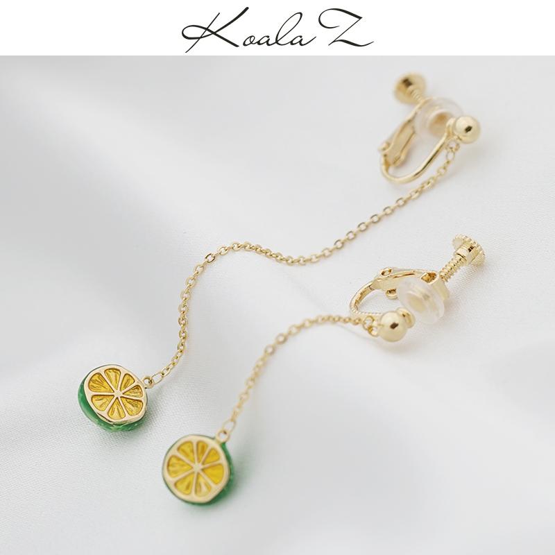 Hand glazed small fresh lemon long asymmetric earrings earrings ear clip without ear hole female lovely Korean - dianjiang-