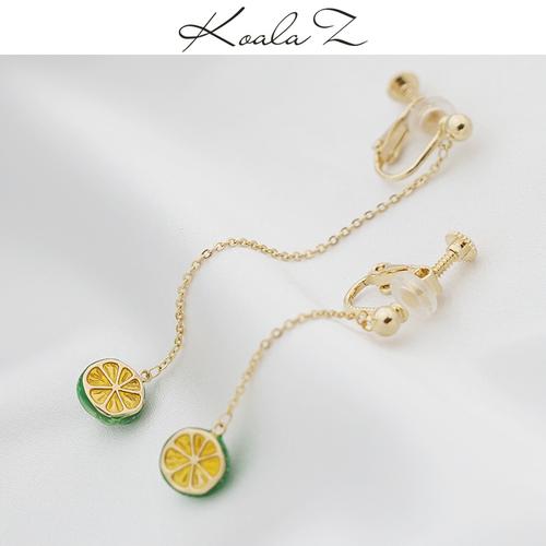 Hand glazed small fresh lemon long asymmetric earrings earrings ear clip without ear hole female lovely Korean - dianjiang-