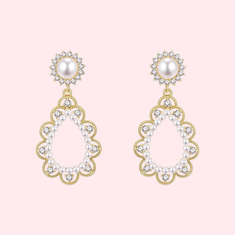 Court Fengshui drop pearl lace small rice bead earrings earrings painless earholes ear clip female daily - dianjiang-