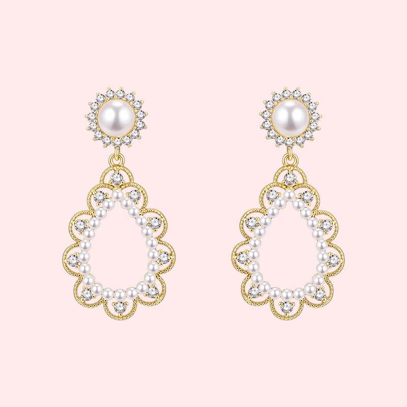 Court Fengshui drop pearl lace small rice bead earrings earrings painless earholes ear clip female daily - dianjiang-