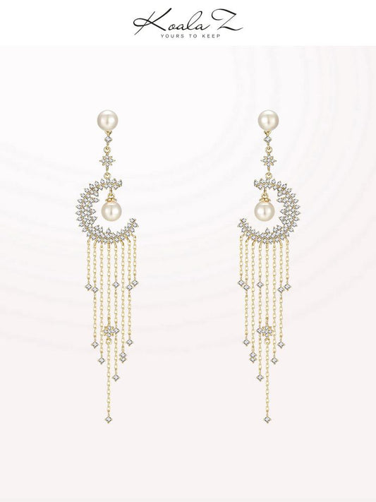 Heavy hand-made Mori Super Fairy Long Tassel Crystal Moon Pearl Earrings Earrings No Ear Holes Earrings Temperament Women - dianjiang-