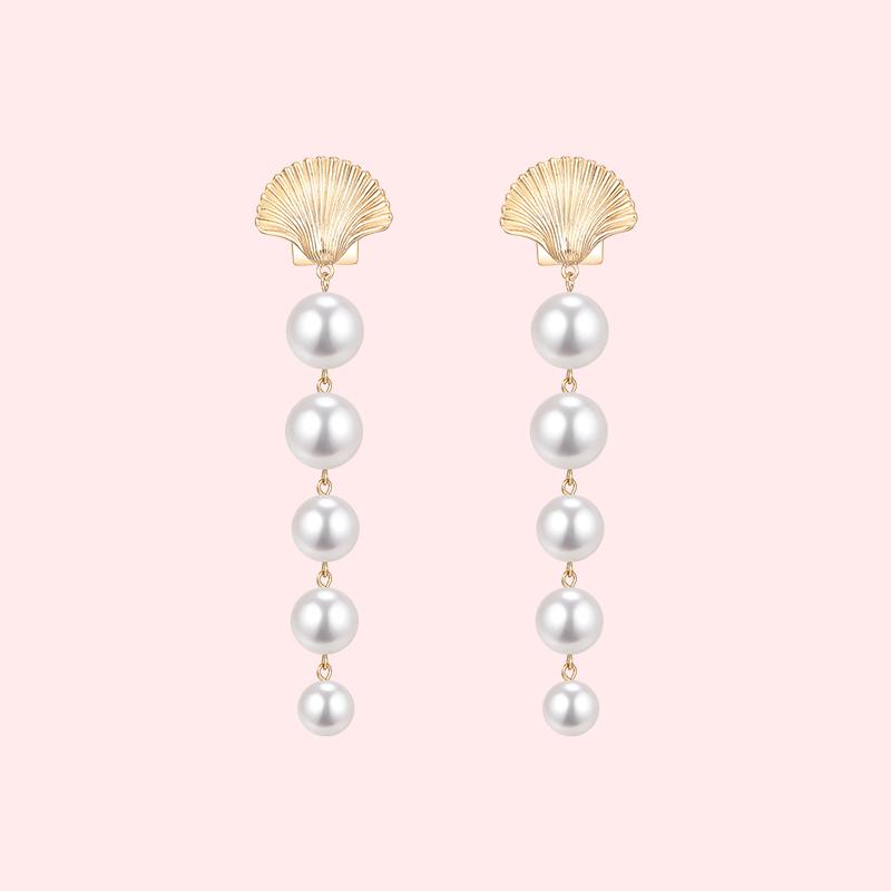 The design of Europe and the United States exaggerated cold wind temperament long mermaid tears metal shell imitation pearl earrings ear clip - dianjiang-
