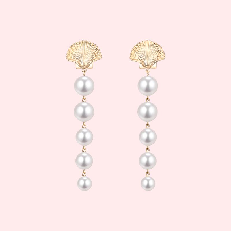 The design of Europe and the United States exaggerated cold wind temperament long mermaid tears metal shell imitation pearl earrings ear clip - dianjiang-