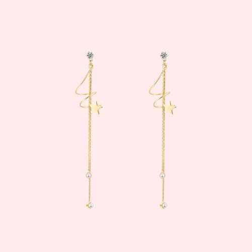 Round face slimming simple metal spiral curve stars double tassel earrings ear clip without ear hole female - dianjiang-