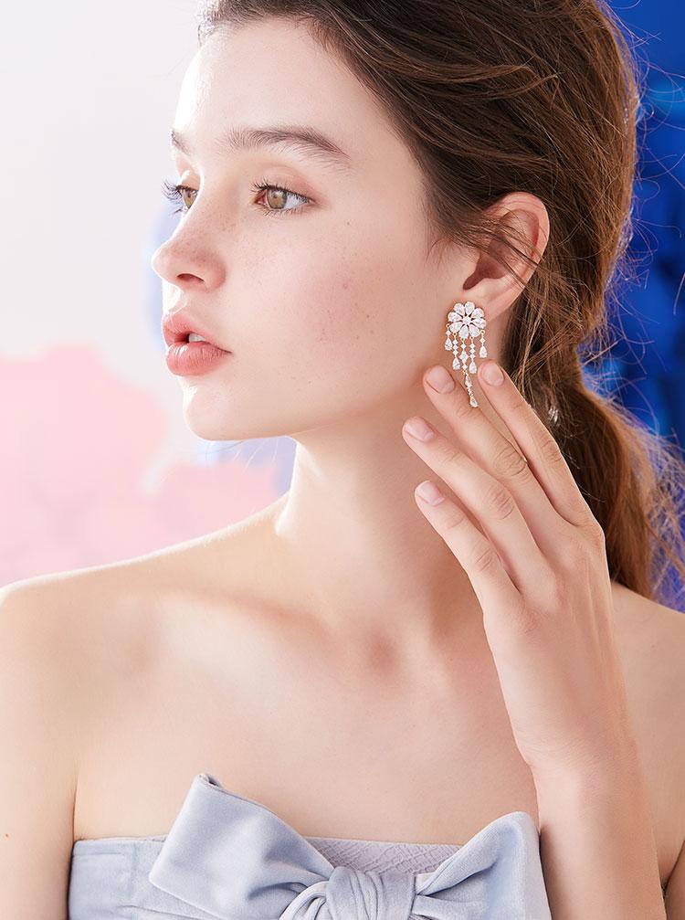 Heavy Industry Hand for 5A Zirconium Smart waterfall flower crystal tassel earrings painless earless clip girl - dianjiang-