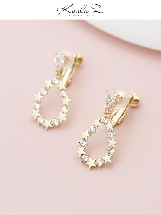 Japanese new exquisite high-level sense hollow water drop crystal star diamond earrings earrings clip female non earhole - dianjiang-