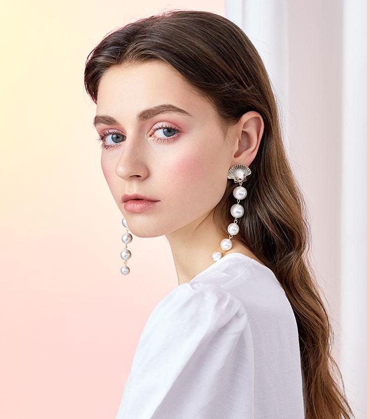 The design of Europe and the United States exaggerated cold wind temperament long mermaid tears metal shell imitation pearl earrings ear clip - dianjiang-