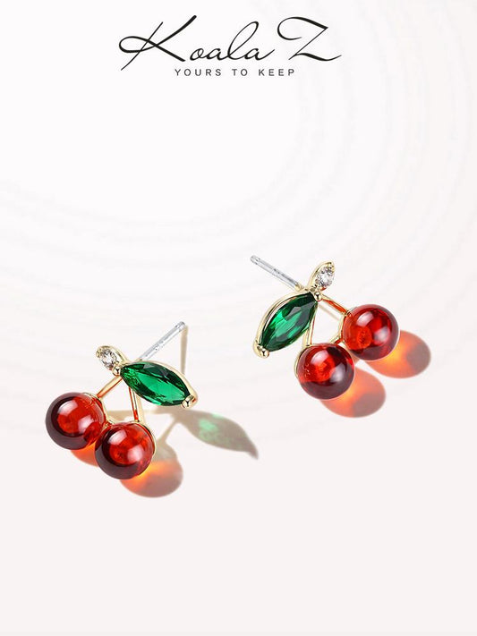 Energetic pomegranate red cherry cute simple small ear nail earrings earrings no ear hole female Japanese fruit - dianjiang-