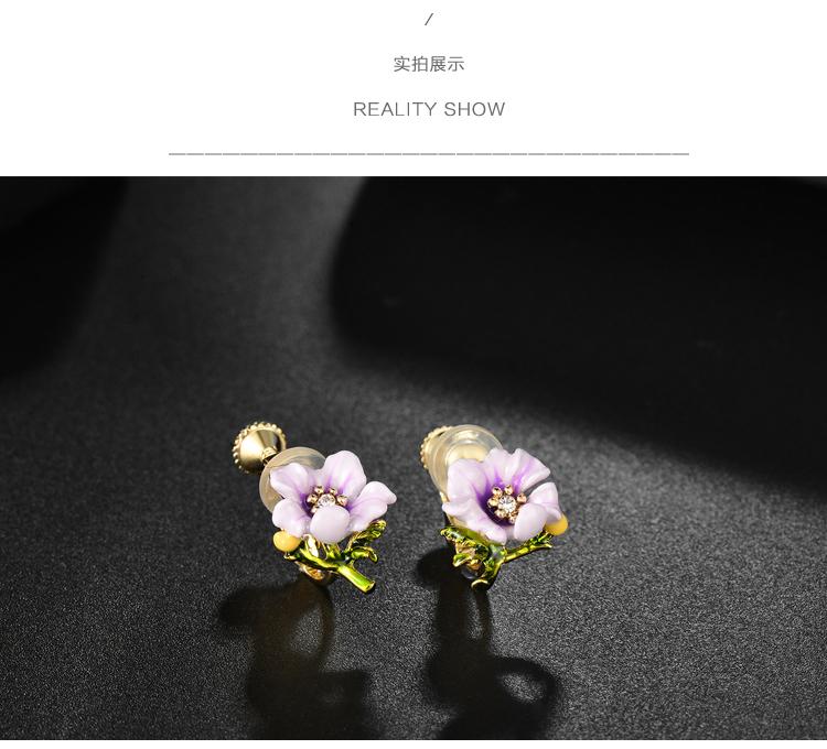 French single hand enamel purple small flower ear nail ear clip without ear hole female adjustable spiral Japanese fresh - dianjiang-