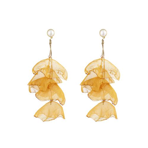 进口韩国飘逸面料 夏日清爽雪纺布艺花朵长款流苏耳环耳夹无耳洞 - dianjiang-